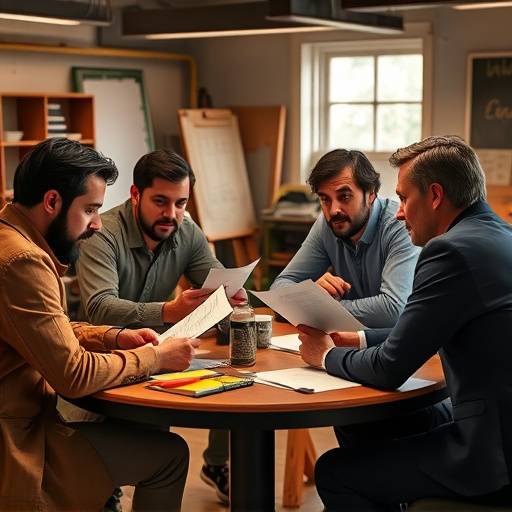 Eine Gruppe von Schauspielern diskutiert eine Rollenanalyse während eines Workshops.