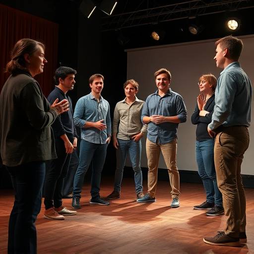 Eine Gruppe von Schauspielern improvisiert auf der Bühne während eines Improvisationsworkshops.