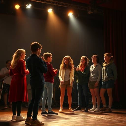 Eine Gruppe von Schauspielstudenten probt auf der Bühne während einer Audition.