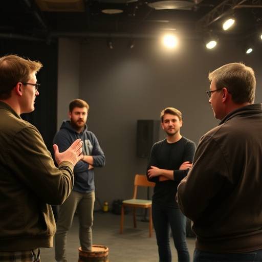 Teilnehmer eines Schauspielworkshops arbeiten an ihrer Bühnenpräsenz unter Anleitung eines erfahrenen Dozenten.